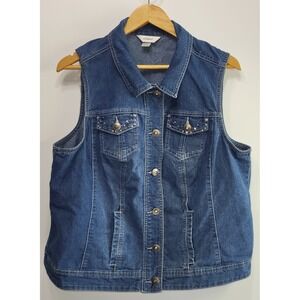 CJ Banks Denim Vest Women 1X Blue Rhinestone Embellished Stretch Jacket